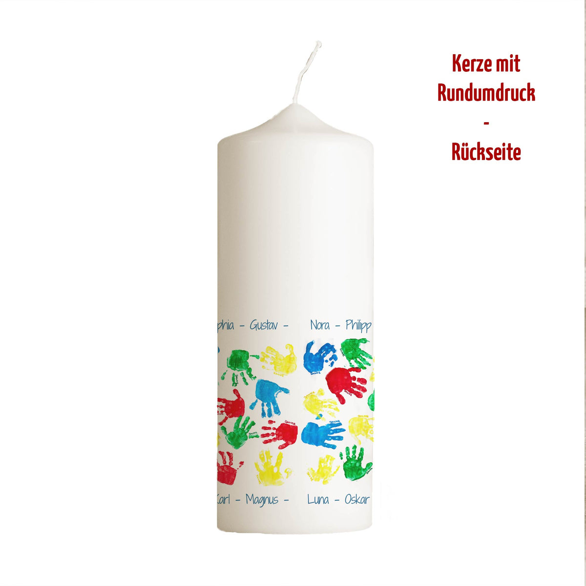 Kita Abschiedskerze „Handabdrücke“ | Personalisiert mit Namen | Geschenk Erzieherin | Rundumdruck | 15–30 cm