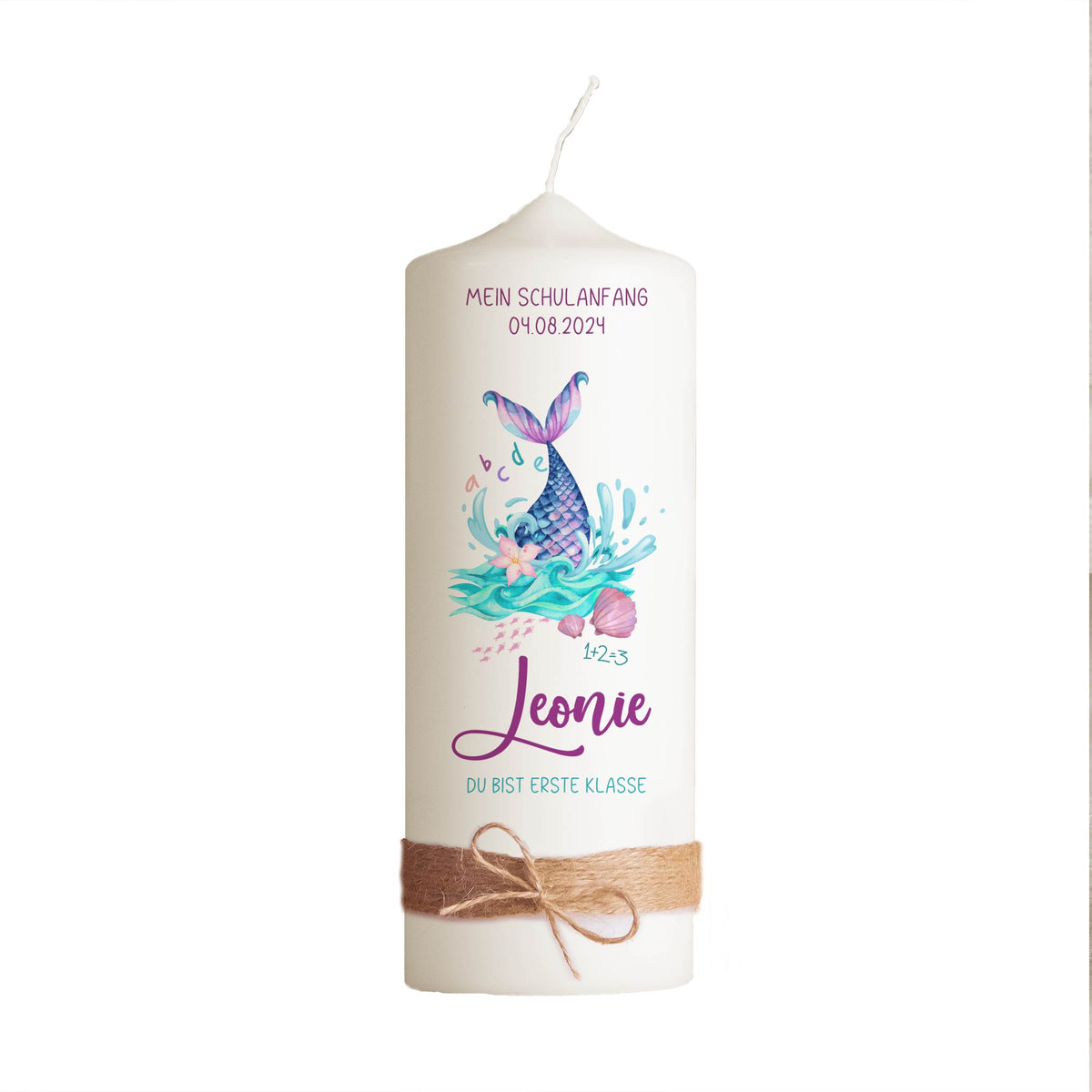Schulanfangskerze Meerjungfrau | Personalisierte Einschulungskerze mit Name & Datum | 15–30 cm | Geschenk für Mädchen