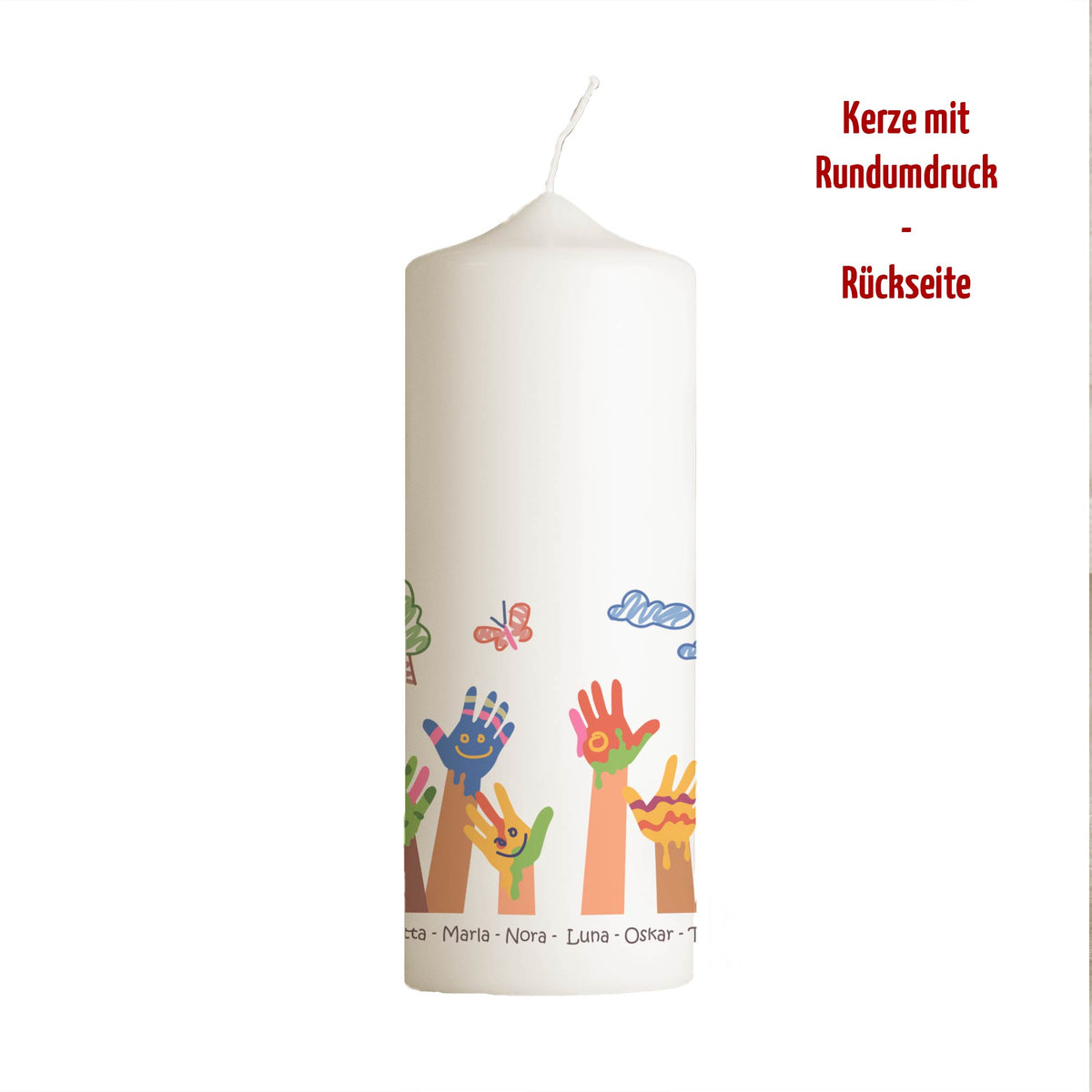 Kita Abschiedskerze „Bemalte Kinderhände“ | Personalisiert mit Namen | Geschenk Erzieherin | Rundumdruck | 15–30 cm