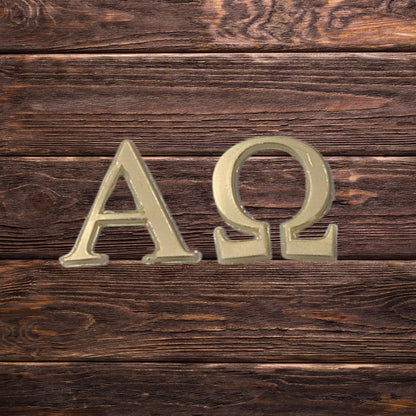 Wachsdekor Alpha und Omega in Gold auf Trägerpapier, 22 mm, zweiteilig