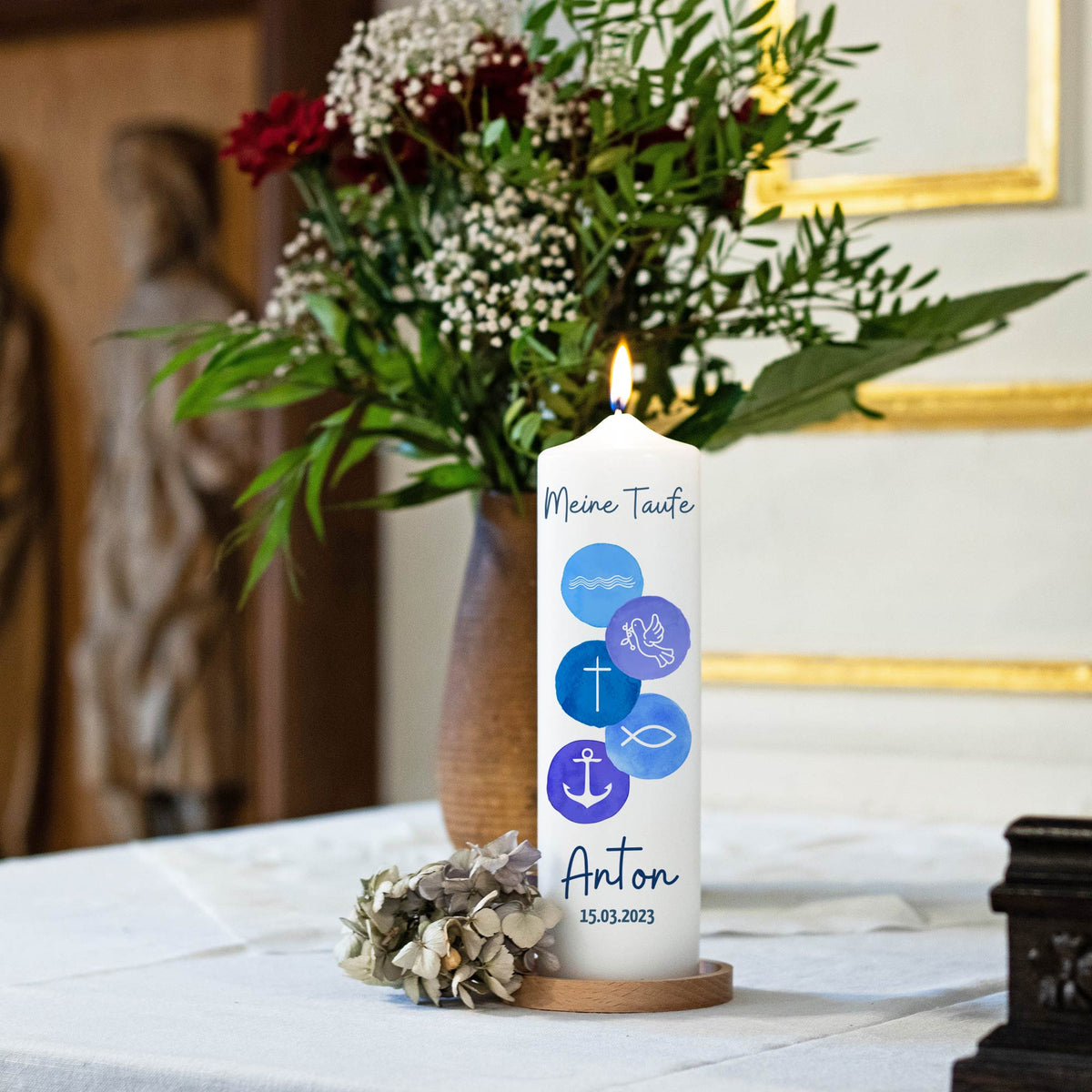 Taufkerze | 5 Symbole | 15 - 30 cm Höhe | Personalisierte Kerze | Evangelisch | Katholisch | Geschenk Taufe