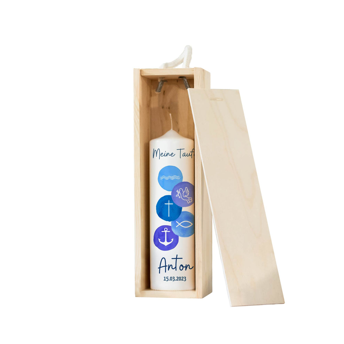 Taufkerze | 5 Symbole | 15 - 30 cm Höhe | Personalisierte Kerze | Evangelisch | Katholisch | Geschenk Taufe