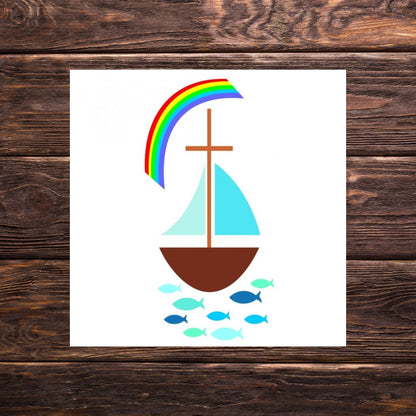 Wachsdekor Segelboot mit Regenbogen auf Trägerpapier, 100 x 50 mm
