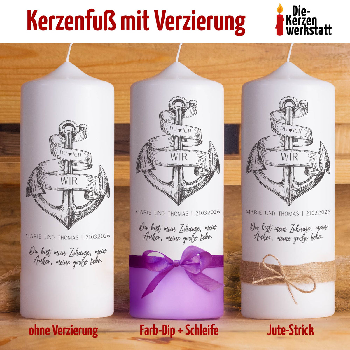 Hochzeitskerze | Anker | Personalisierte maritime Traukerze mit Wunschtext & Verzierung
