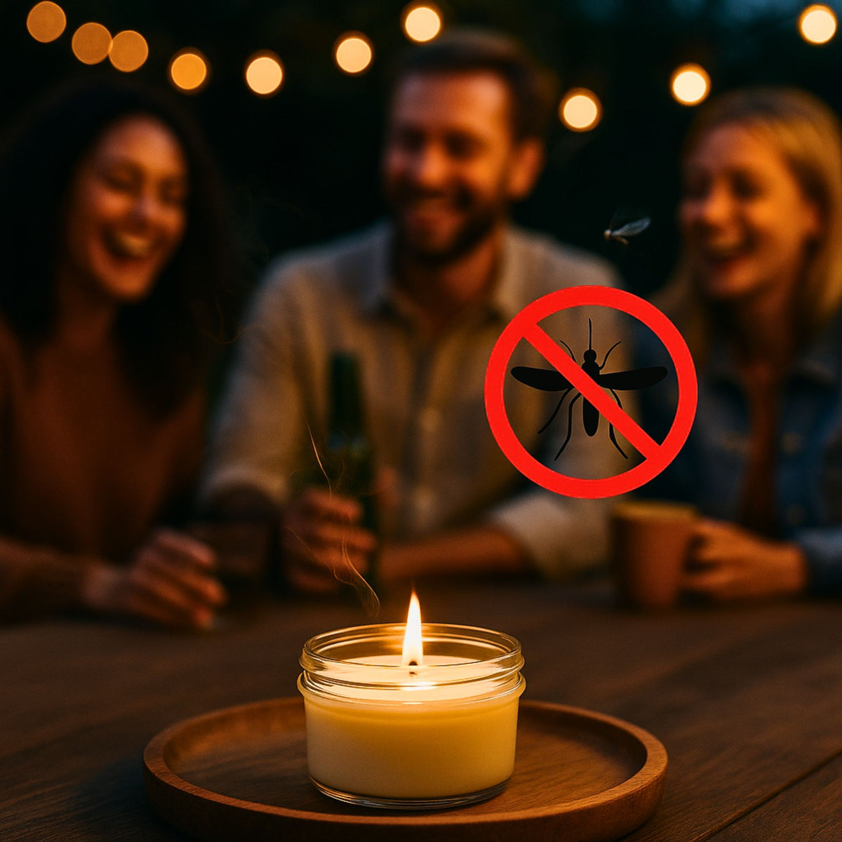 Anti-Mücken-Kerze auf dem Balkontisch an einem lauen Sommerabend