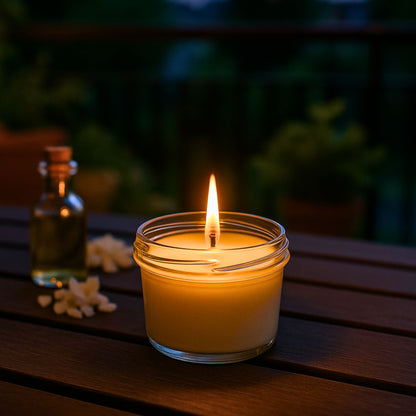 Brennende selbstgemachte Duftkerze bei Nacht auf der Terrasse