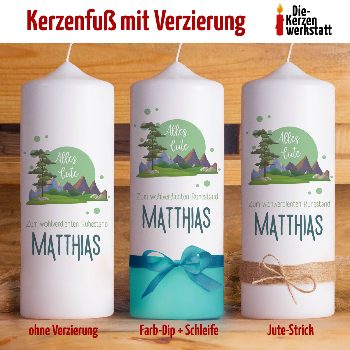 Ruhestandskerze „Berge“ | Personalisierte Kerze zum Rentenbeginn mit Name & Verzierung
