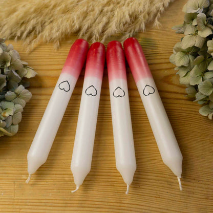 4er Set: Getauchte Stabkerzen | Rot mit Herz | 20 cm | Dip Dye | Glückskerze | Bunt | Geschenkidee