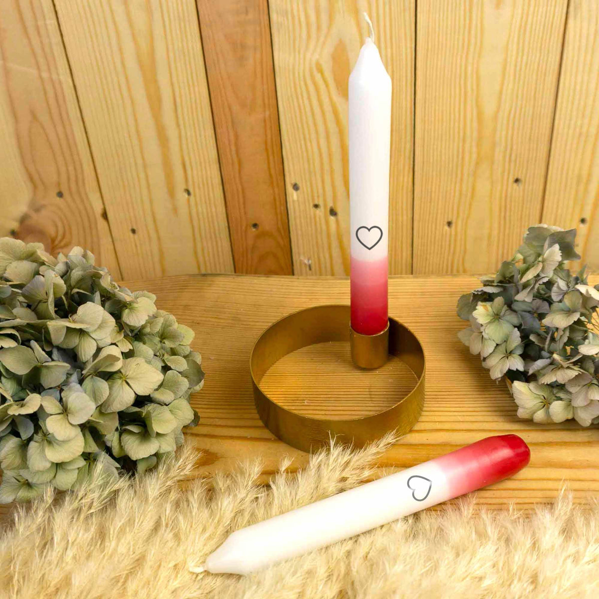 4er Set: Getauchte Stabkerzen | Rot mit Herz | 20 cm | Dip Dye | Glückskerze | Bunt | Geschenkidee