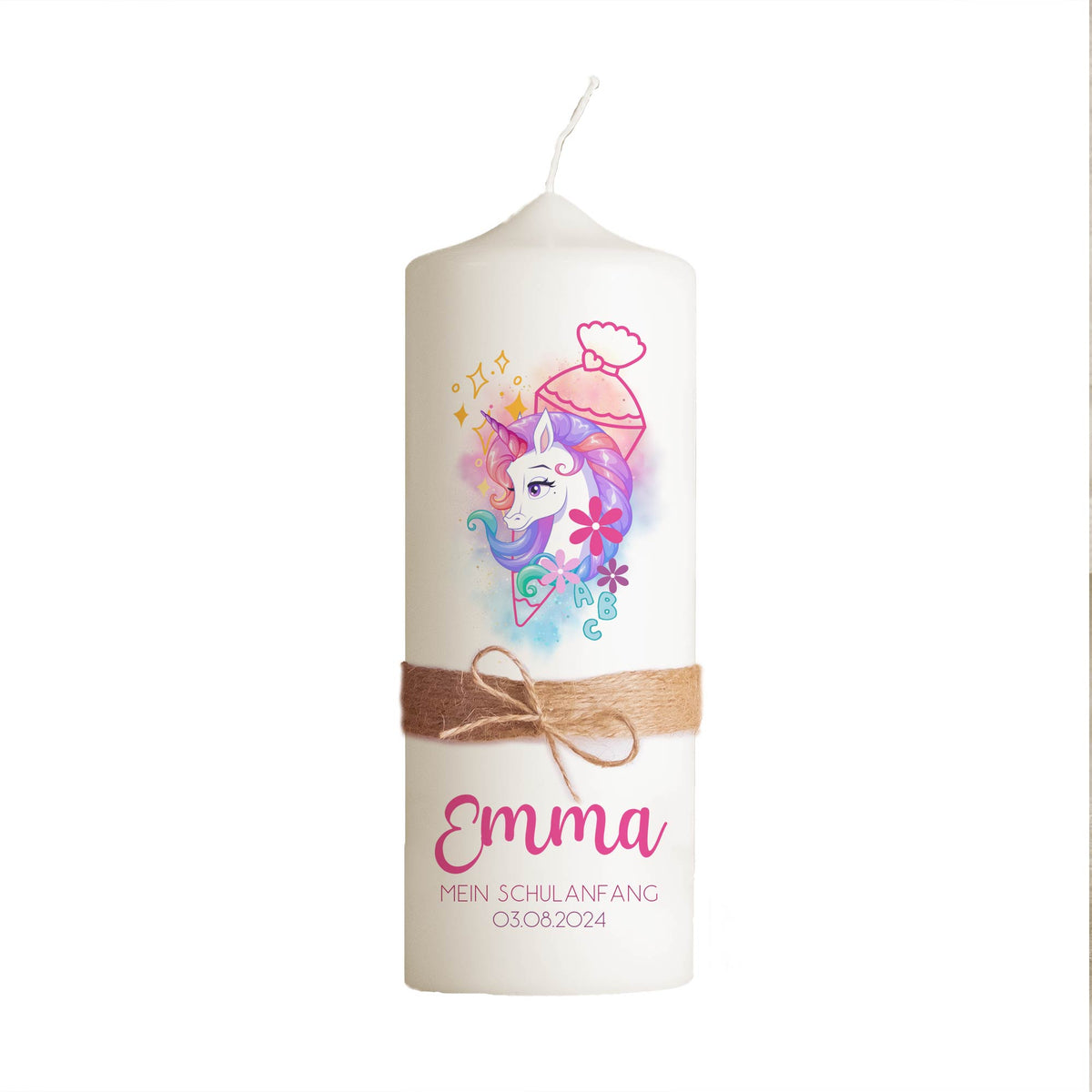 Schulanfangskerze Einhorn | Personalisierte Kerze zur Einschulung | 15–30 cm | Mit Name, Datum & Jutestrick