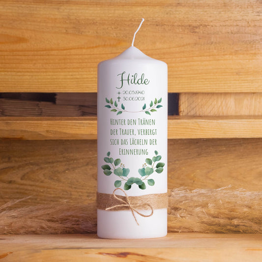 Personalisierte Trauerkerze Eukalyptus