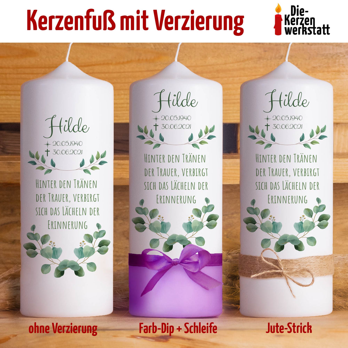 Trauerkerze Eukalyptus | 15 - 30 cm Höhe | Personalisierte Kerze | Gedenkkerze