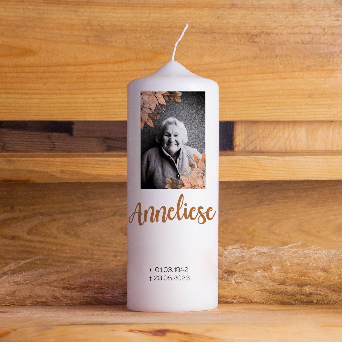 Trauerkerze mit Foto Gold | 15 - 30 cm Höhe | Personalisierte Kerze | Gedenkkerze | Erinnerungsstück | Trauerfeier