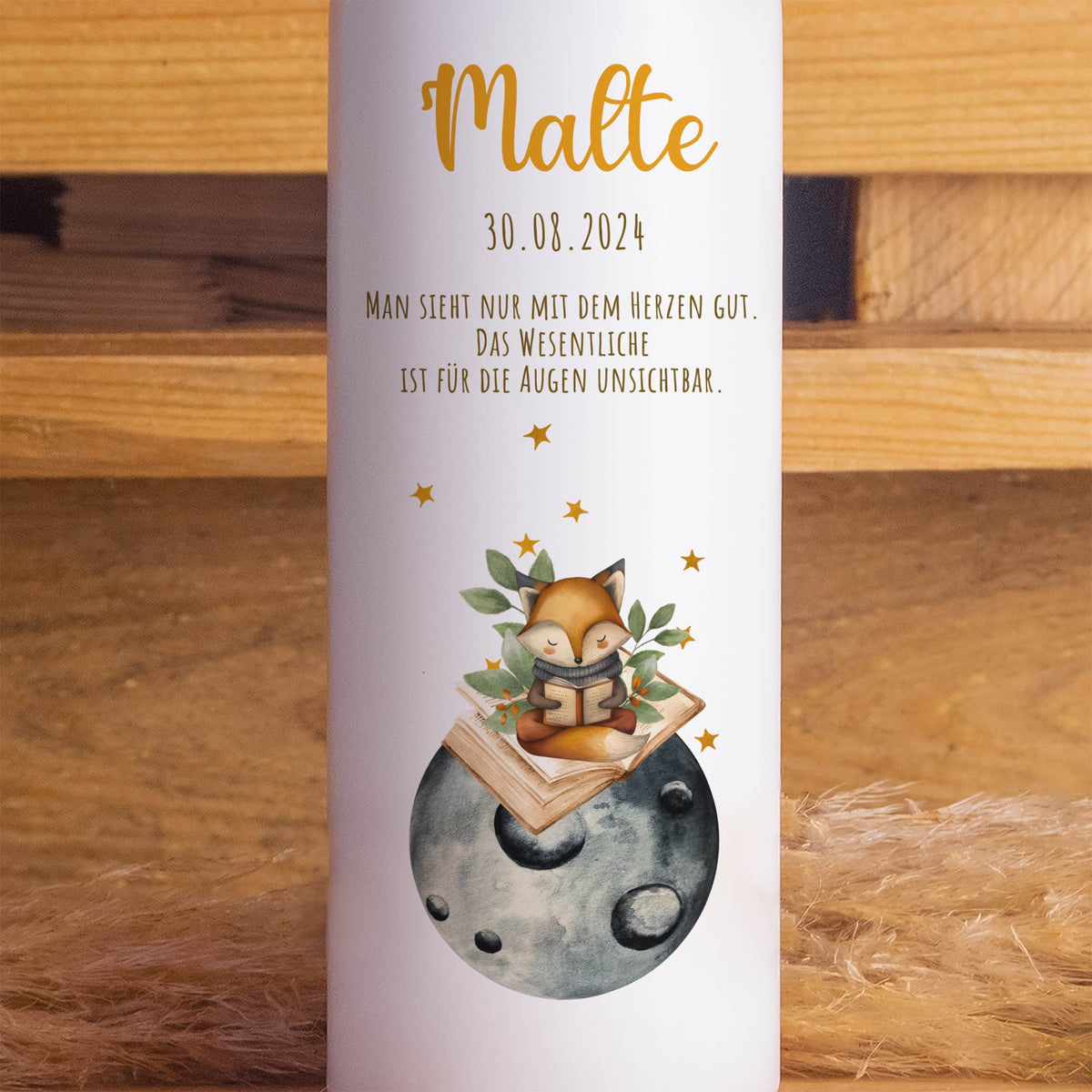 Geburtskerze Fuchs | Personalisiert mit Namen, Datum & Wunschtext | Taufkerze oder Geburtsgeschenk | 15–30 cm | Hochwertiger Direktdruck