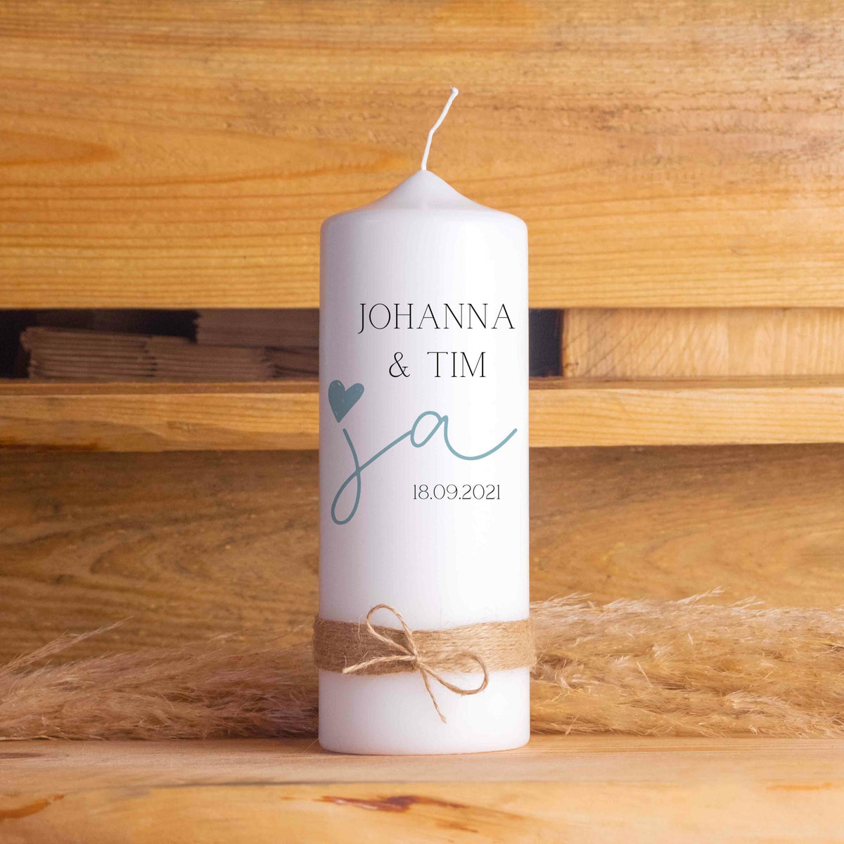 Hochzeitspaket mit personalisierter Hochzeitskerze, Kerzenuntersetzer, Holzbox,  Ringbox und Brautstraußrahmen