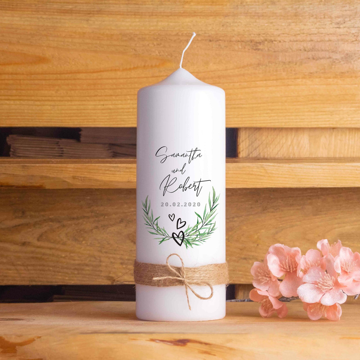 Hochzeitspaket mit personalisierter Hochzeitskerze, Kerzenuntersetzer, Holzbox,  Ringbox und Brautstraußrahmen