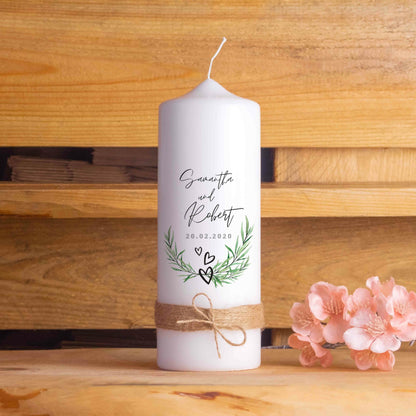 Hochzeitspaket mit personalisierter Hochzeitskerze, Kerzenuntersetzer, Holzbox,  Ringbox und Brautstraußrahmen