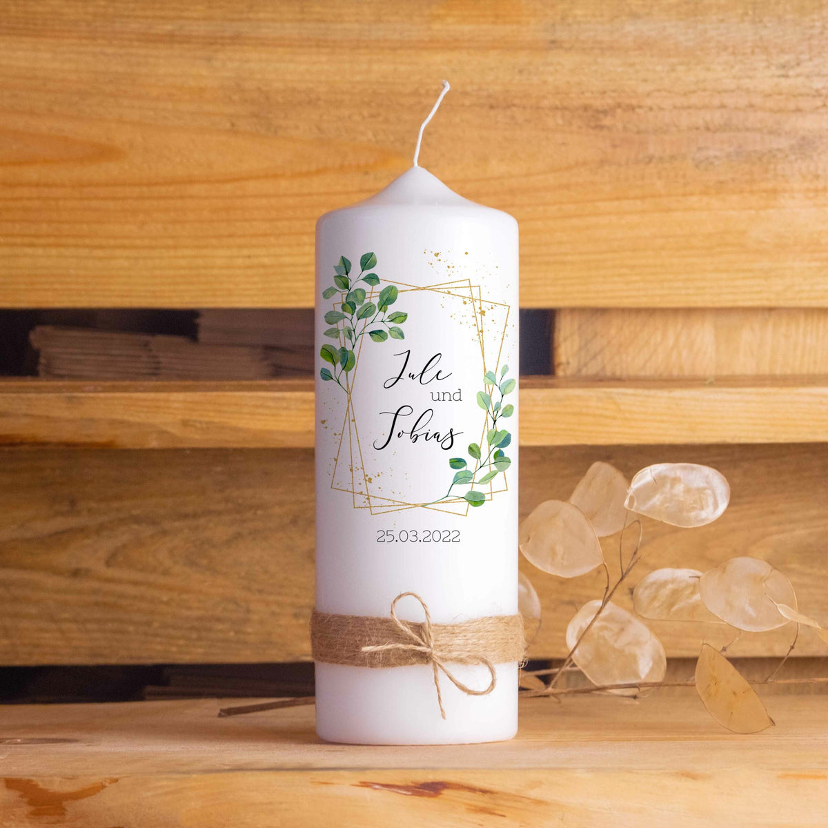 Hochzeitspaket mit personalisierter Hochzeitskerze, Kerzenuntersetzer, Holzbox,  Ringbox und Brautstraußrahmen