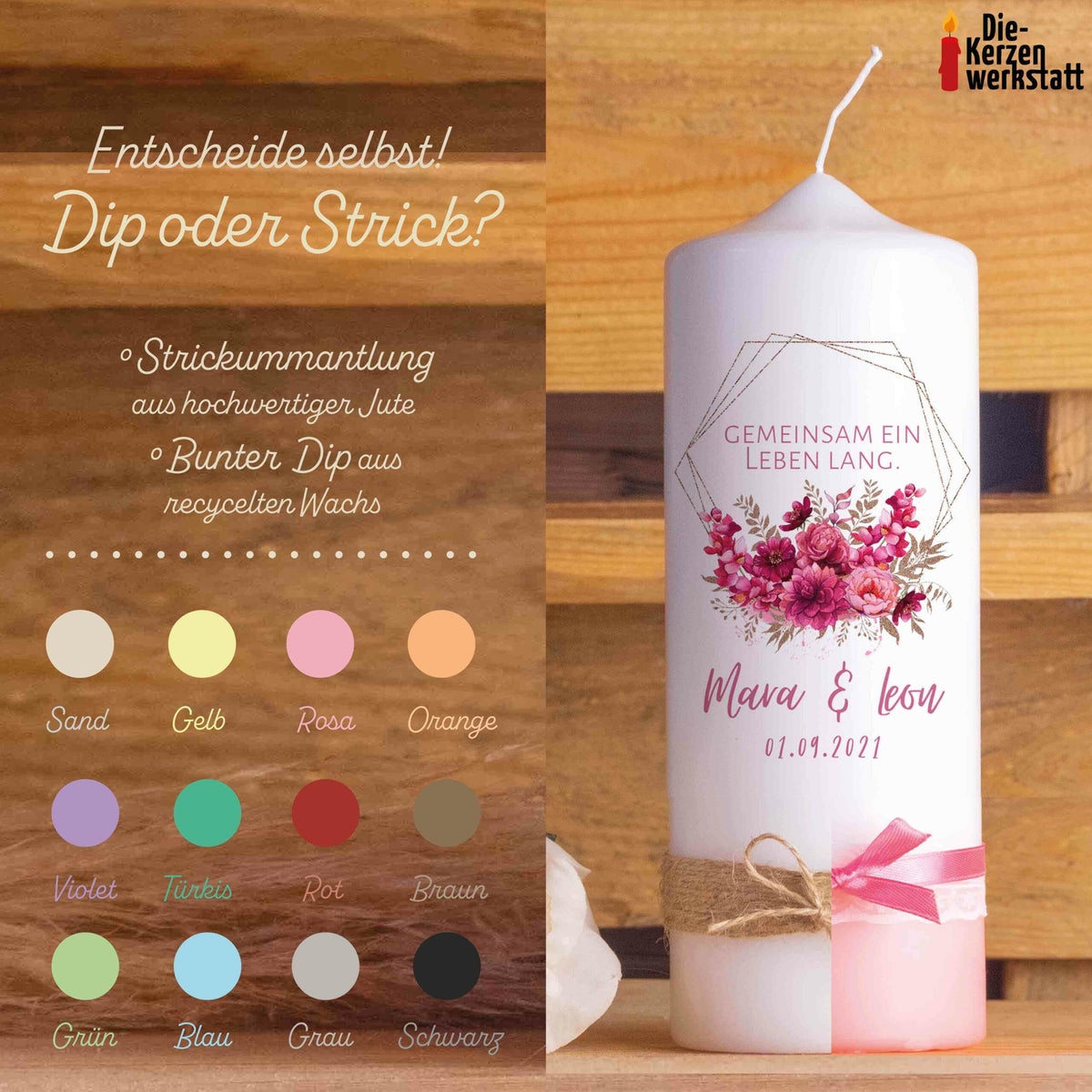 Hochzeitskerze | Polygon | 15 - 30 cm Höhe | Traukerze | Personalisierte Kerze