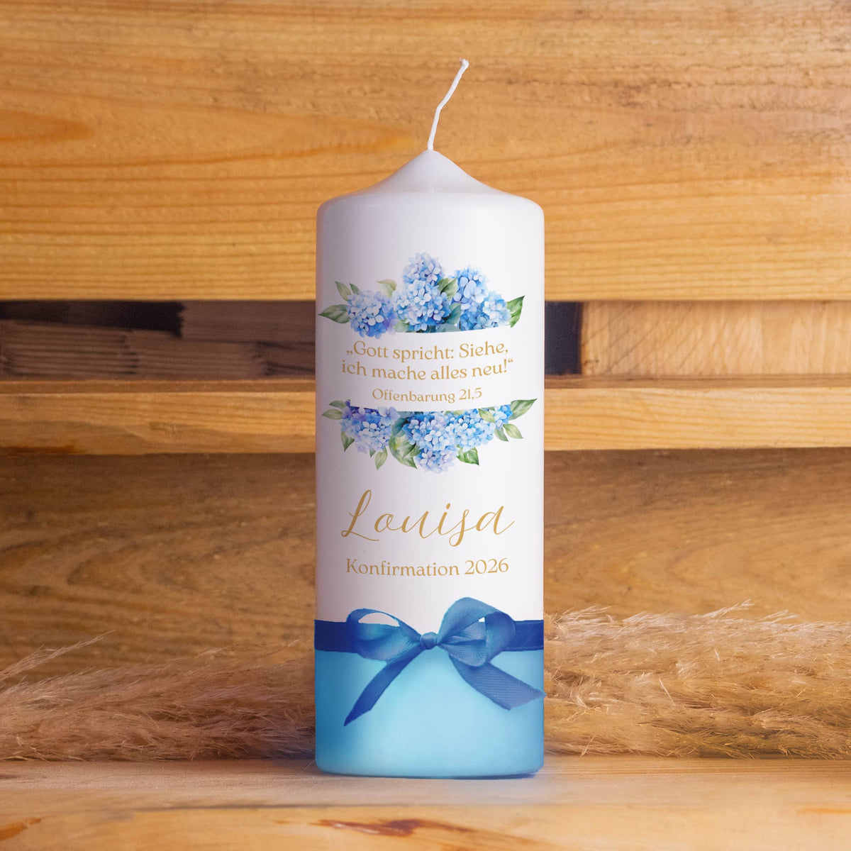 Personalisierte Konfirmationskerze Hortensie