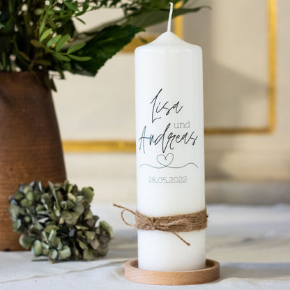 Hochzeitspaket mit personalisierter Hochzeitskerze, Kerzenuntersetzer, Holzbox,  Ringbox und Brautstraußrahmen