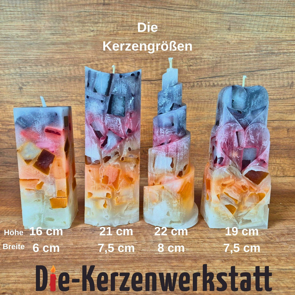 Größenvergleich der Coffee Time Wachswürfelkerzen mit Maßangaben