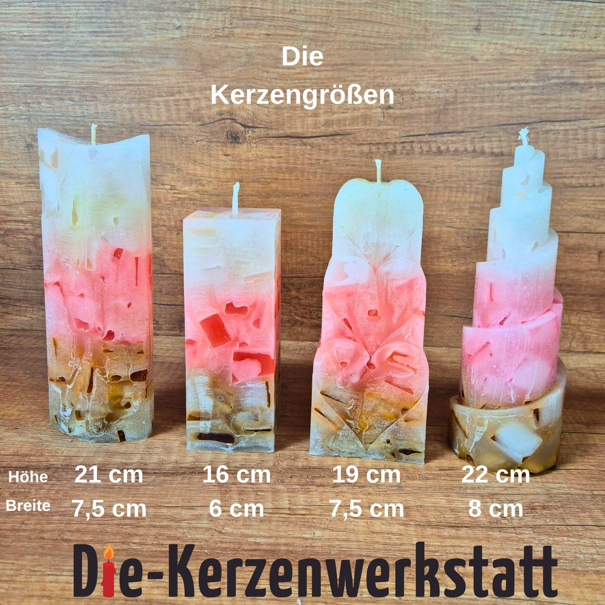 Größenvergleich der Erdbeer-Schoko Wachswürfelkerzen mit Maßangaben
