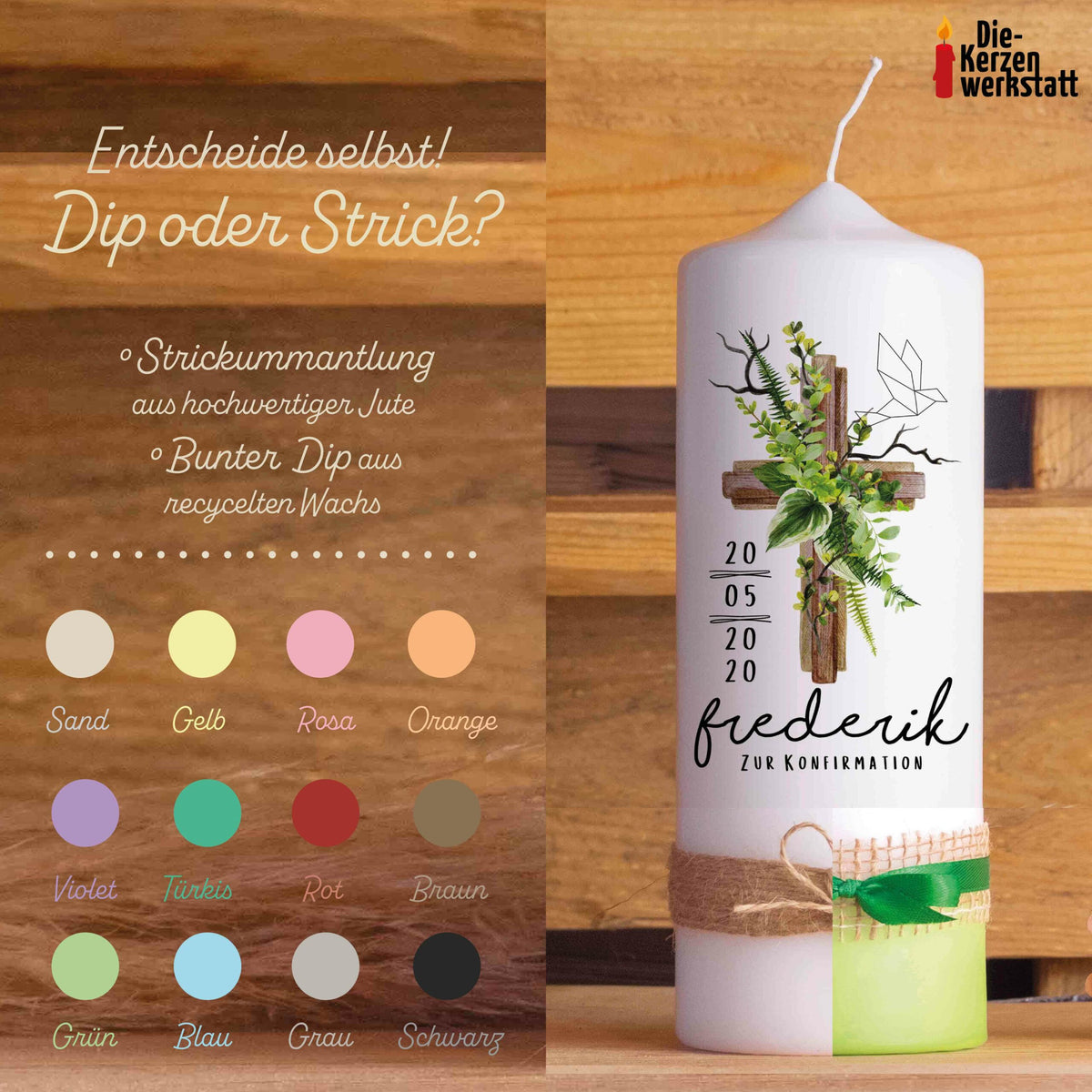 Konfirmationskerze | Kreuz | 15 - 30 cm Höhe | Personalisierte Kerze