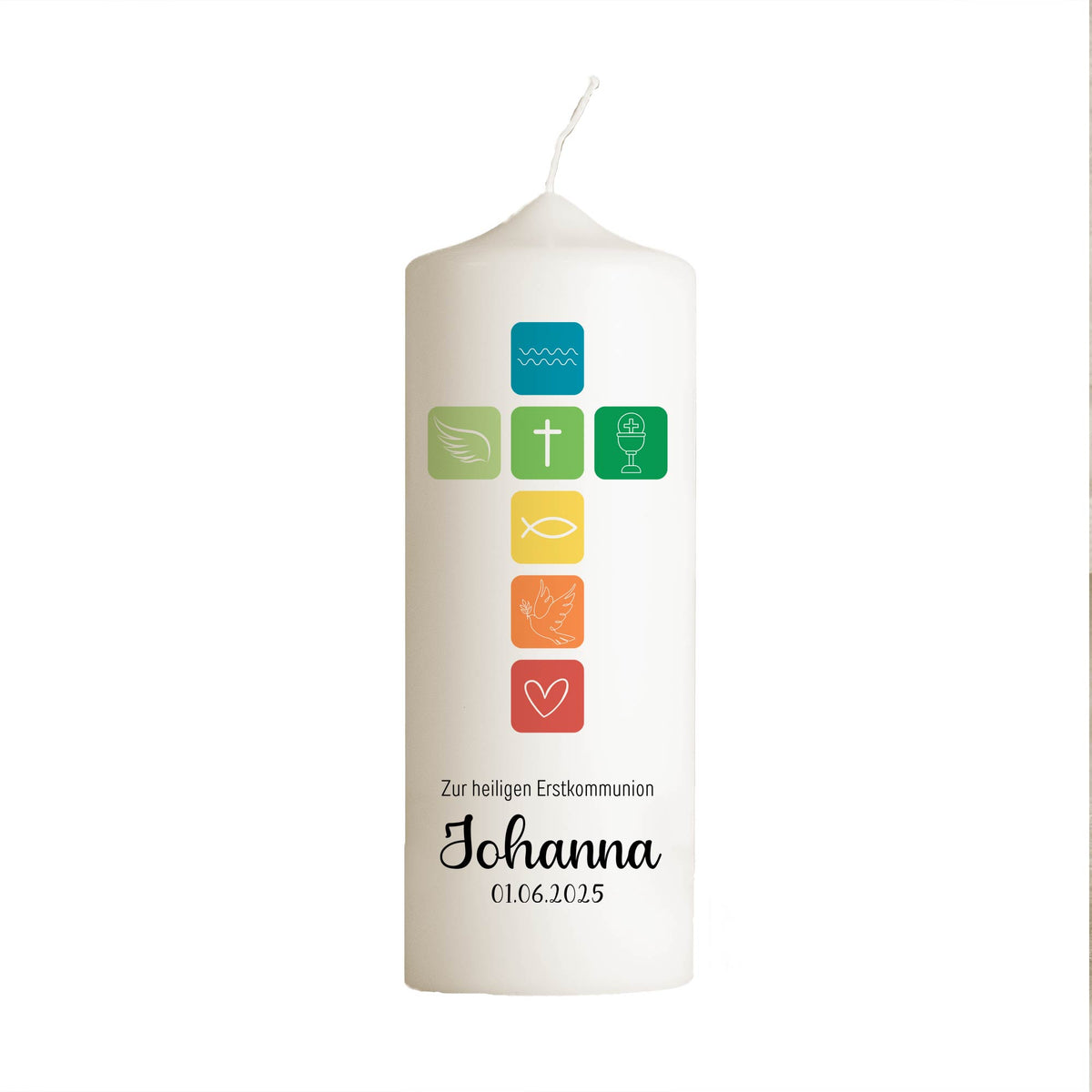 Kommunionskerze Regenbogen Symbole | Verschiedene Farben | 15 - 40 cm Höhe | Personalisierte Kerze | Katholisch | Jungen und Mädchen