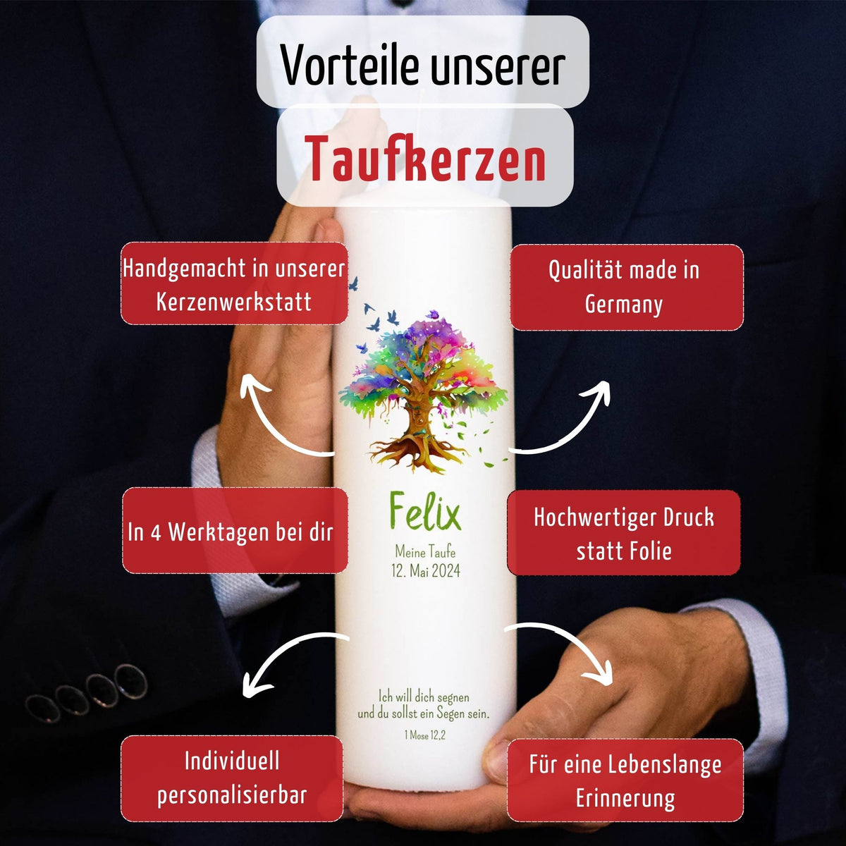 Taufkerze Lebensbaum Bunt | 15 - 30 cm Höhe | Personalisierte Kerze | Evangelisch | Katholisch | Jungen und Mädchen | Taufgeschenk