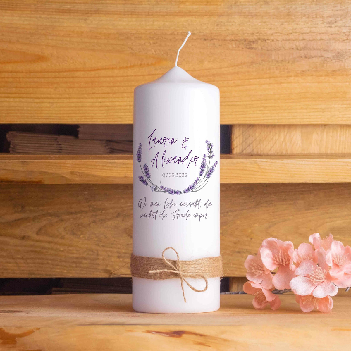 Hochzeitspaket mit personalisierter Hochzeitskerze, Kerzenuntersetzer, Holzbox,  Ringbox und Brautstraußrahmen
