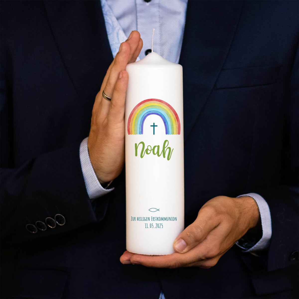 Kommunionskerze Regenbogen Kreuz Schlicht | 15 - 40 cm Höhe | Personalisierte Kerze | Katholisch | Jungen und Mädchen