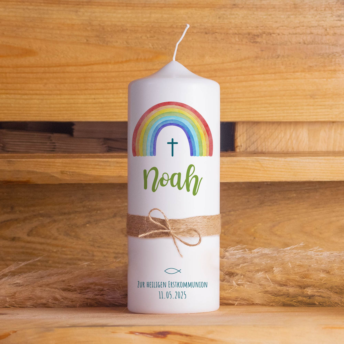 Kommunionskerze Regenbogen Kreuz Schlicht | 15 - 40 cm Höhe | Personalisierte Kerze | Katholisch | Jungen und Mädchen