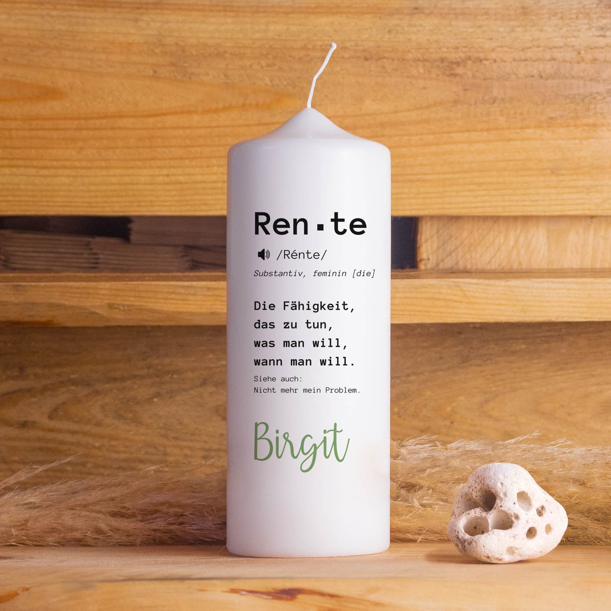 Personalisierte Ruhestandskerze „Rente“ | Geschenk zum Rentenbeginn mit Wunschname & Kerzenfuß-Verzierung