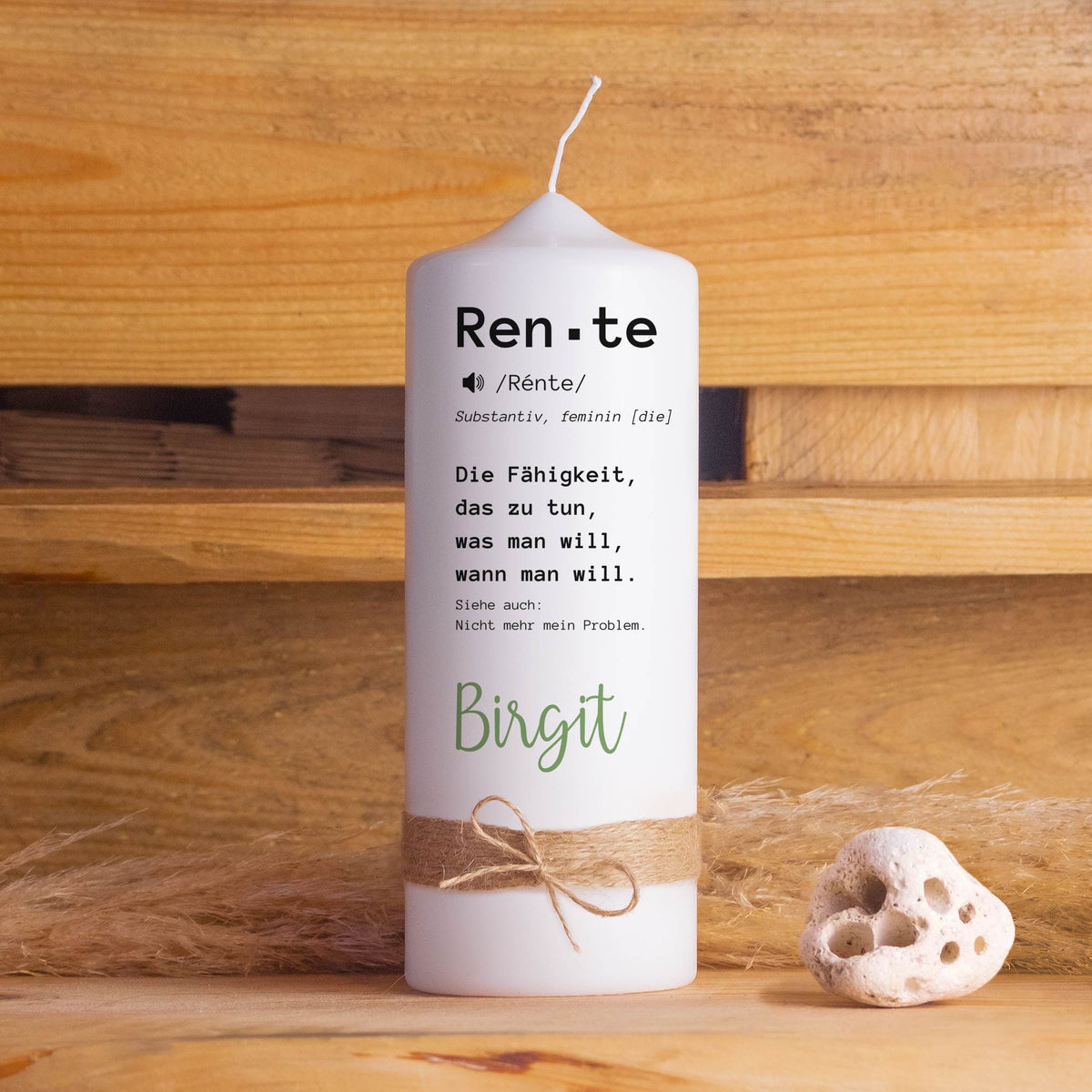 Personalisierte Ruhestandskerze „Rente“ | Geschenk zum Rentenbeginn mit Wunschname & Kerzenfuß-Verzierung