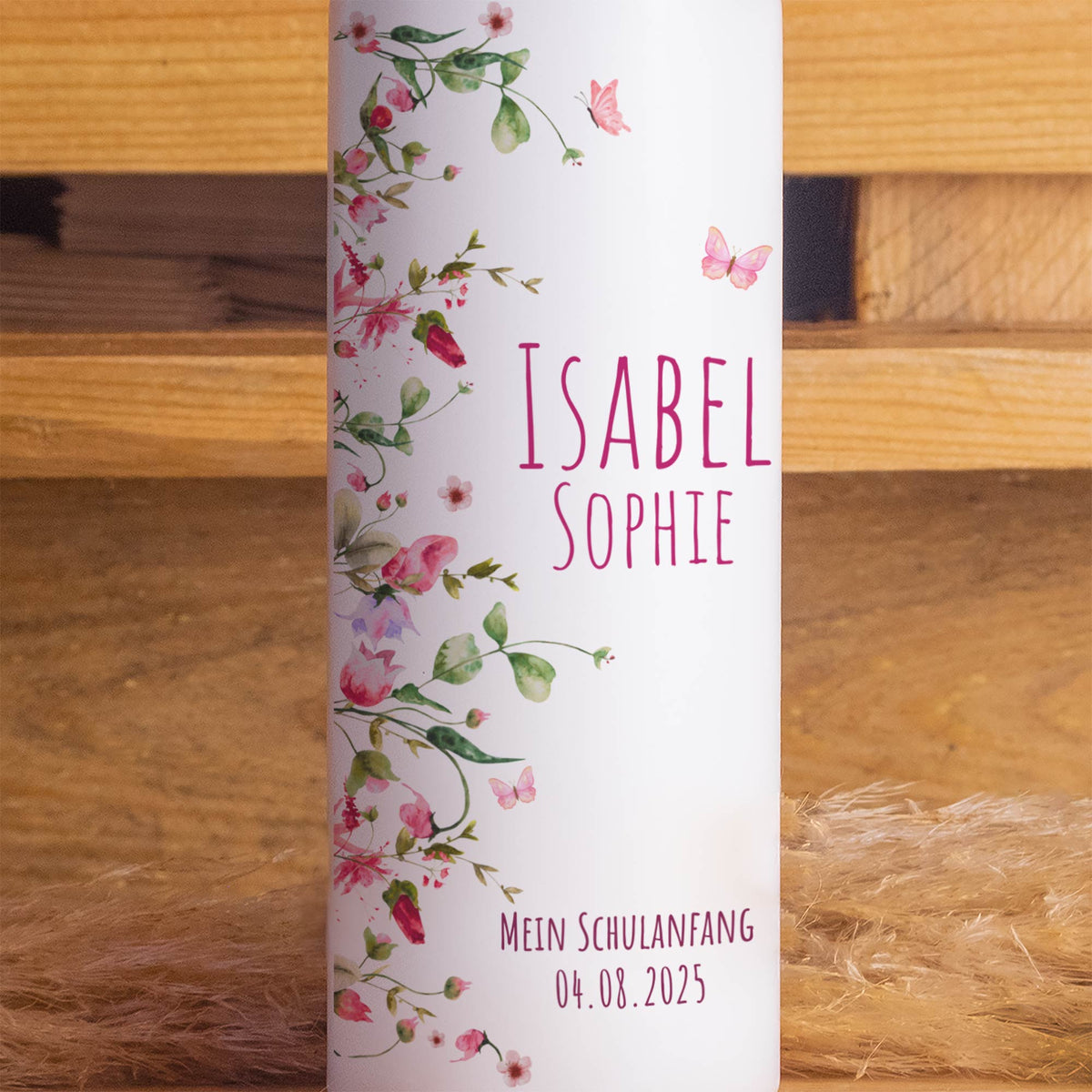 Schulanfangskerze Schmetterling | Personalisierte Kerze zur Einschulung | 15–30 cm | Florales Design mit Name & Datum