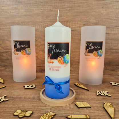Schulanfangspaket mit personalisierter Kerze | Inkl. Holzuntersetzer, Lichthüllen & Streudeko | Handgemacht & individuell