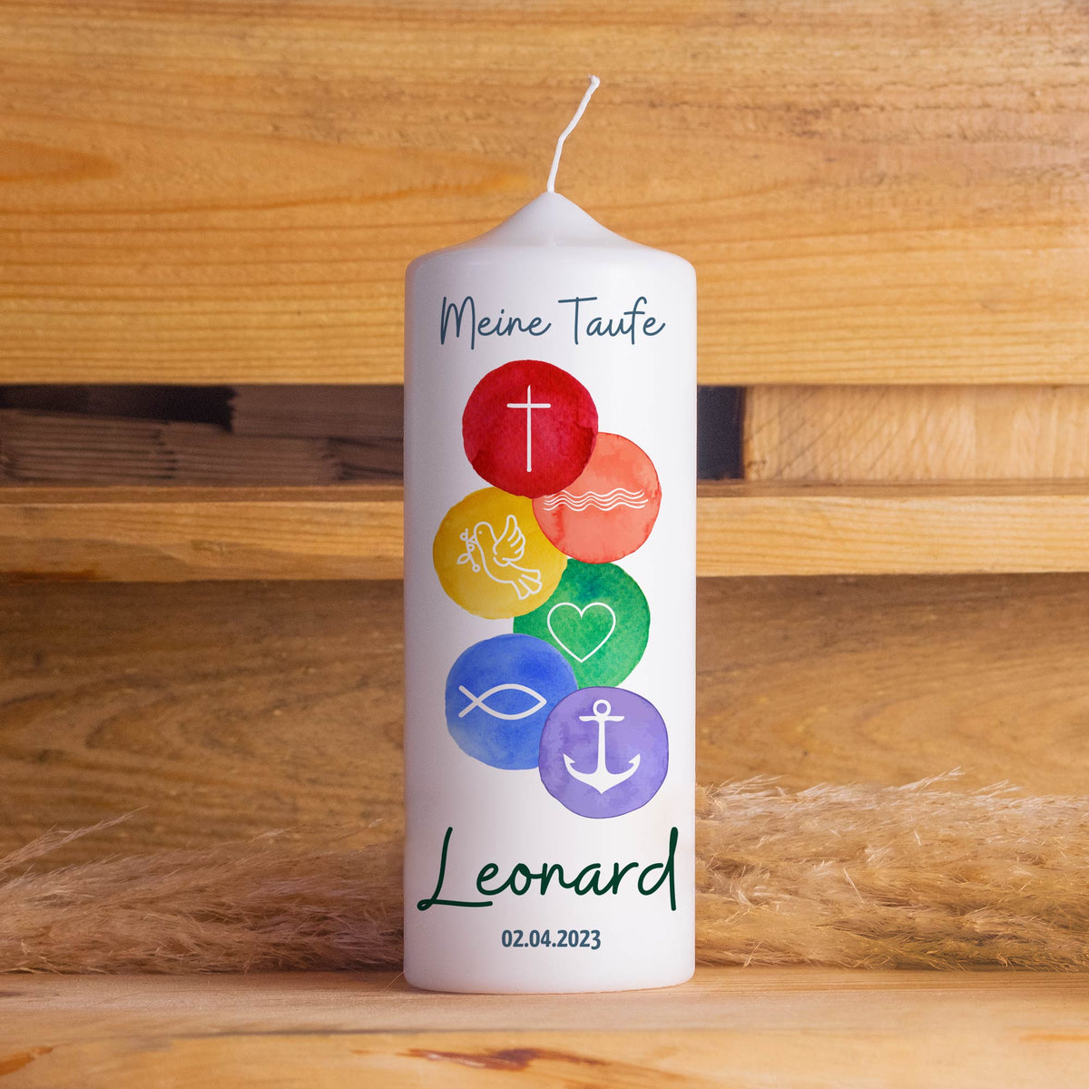 Taufkerze | 6 Symbole bunt | 15 - 30 cm Höhe | Personalisierte Kerze | Evangelisch | Katholisch | Jungen + Mädchen | Geschenk Taufe
