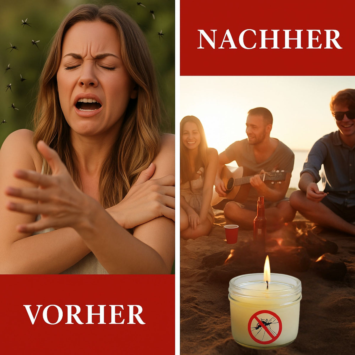 Vorher-Nachher: leeres Glas und fertige Duftkerze mit Sticker verziert