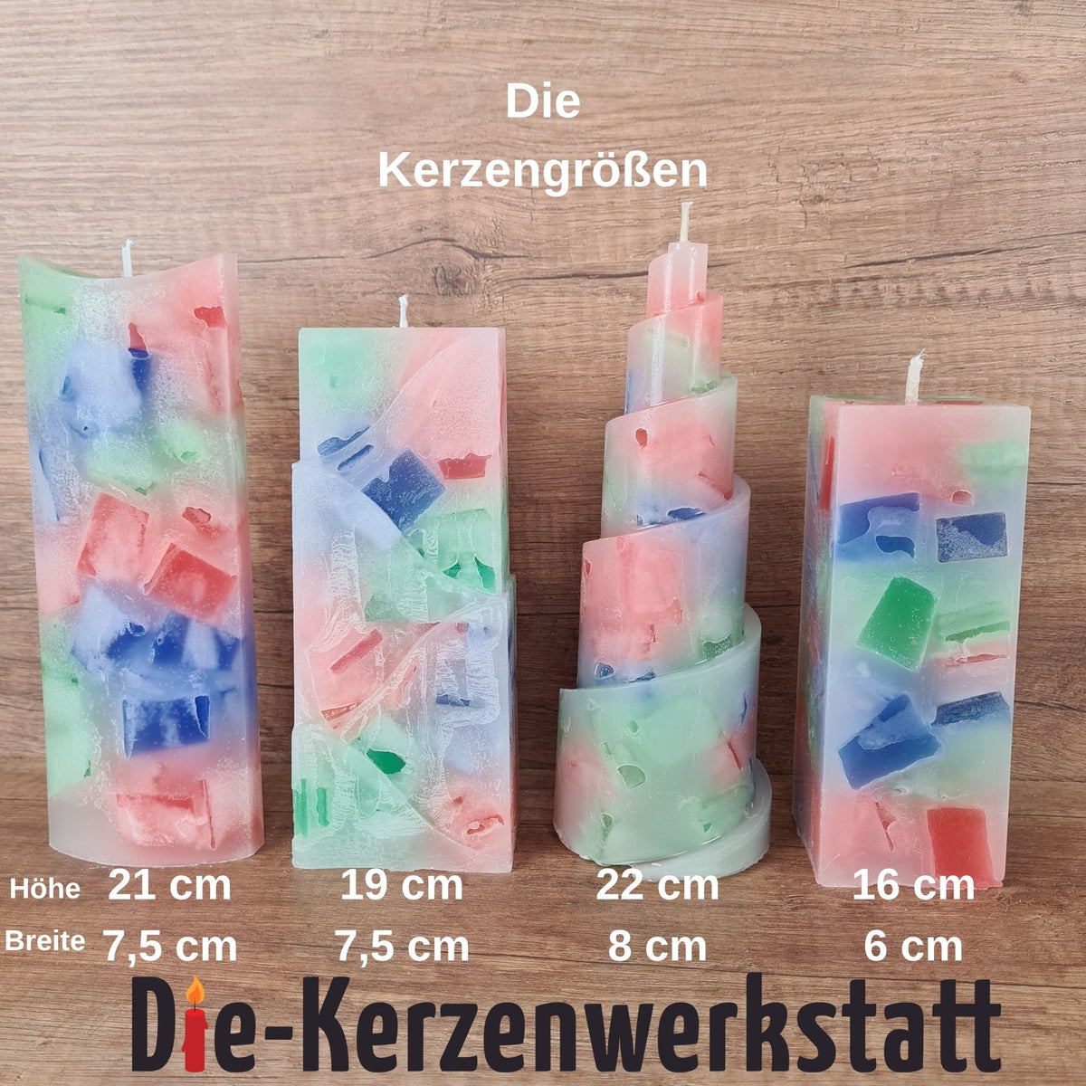 Größenvergleich der Pastellzauber Wachswürfelkerzen mit Maßangaben