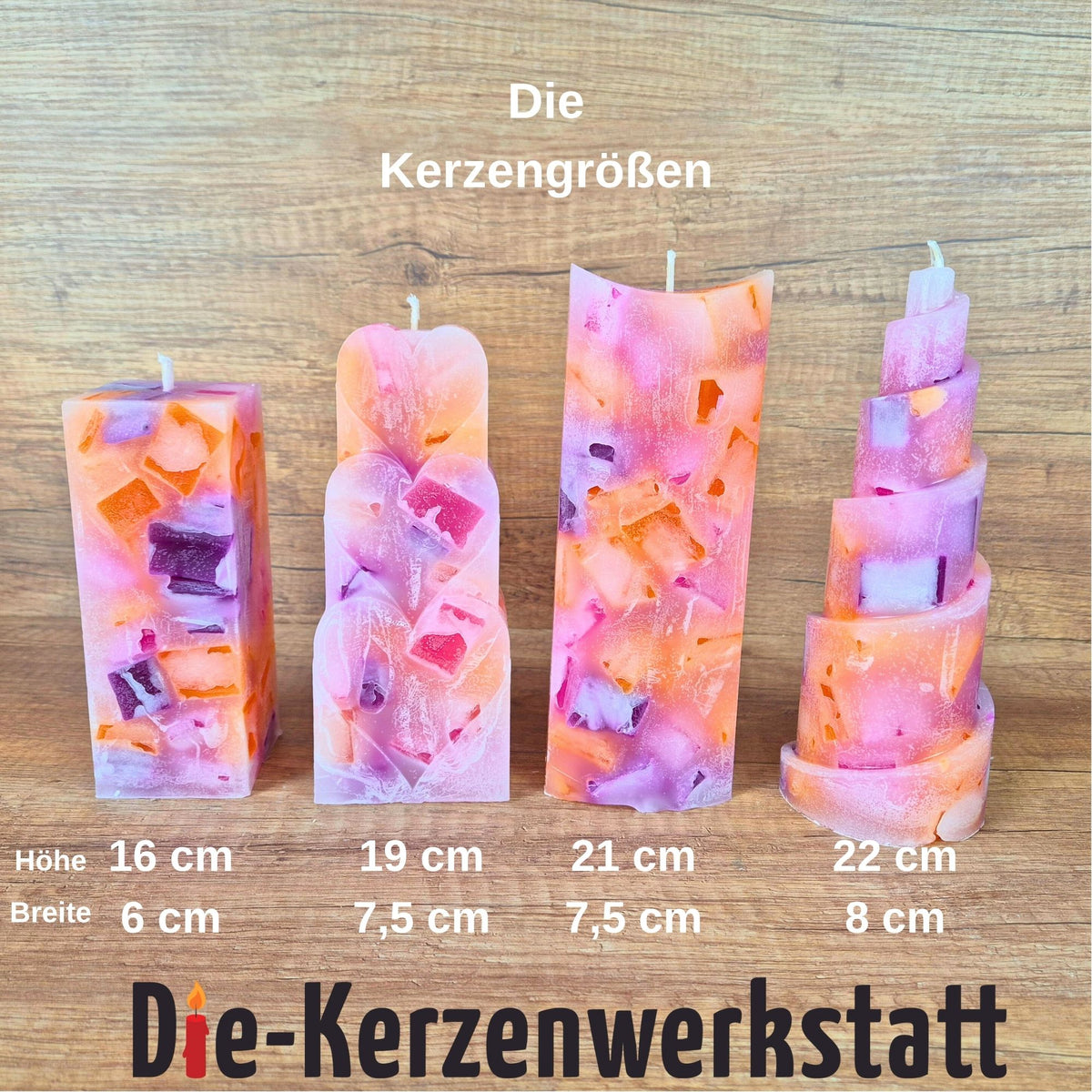 Größenvergleich der Pink Power Wachswürfelkerzen mit Maßangaben