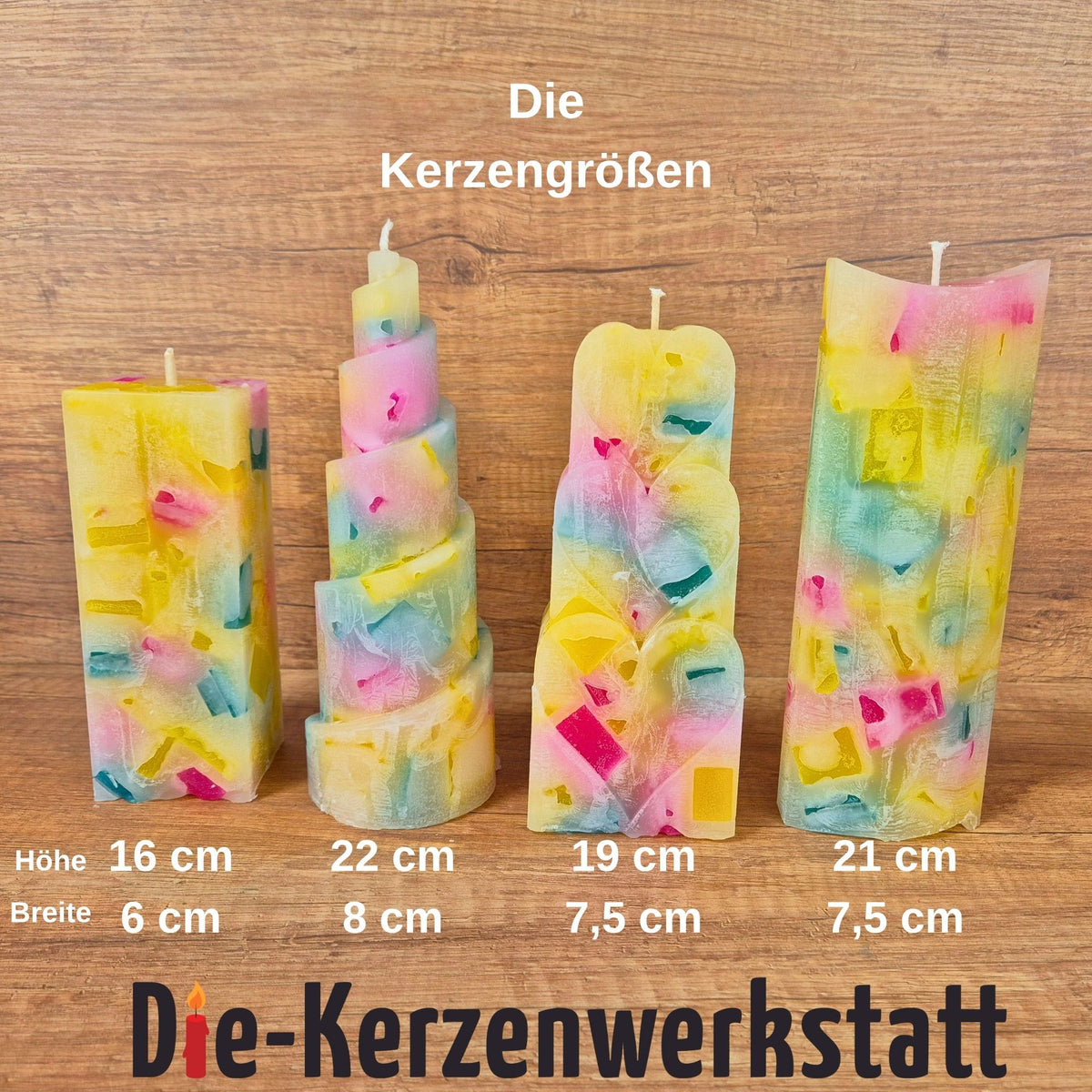 Größenvergleich der Candy Wachswürfelkerzen mit Maßangaben