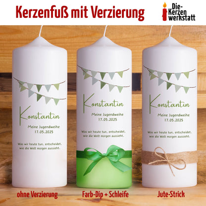 Jugendweihekerze "Wimpel" | Personalisierte Kerze mit Name & Datum | Geschenk zur Jugendweihe | Blau, Grün oder Rosa | 15–40 cm
