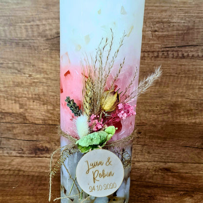 XXL Kerze mit Gravuranhänger aus Pappelholz – personalisiertes Geschenk