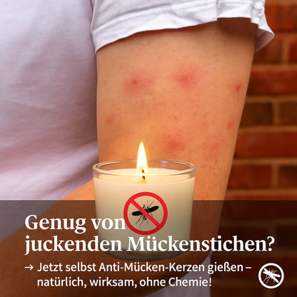 Duftkerze im Glas mit Citronella, beschriftet mit den enthaltenen Zutaten
