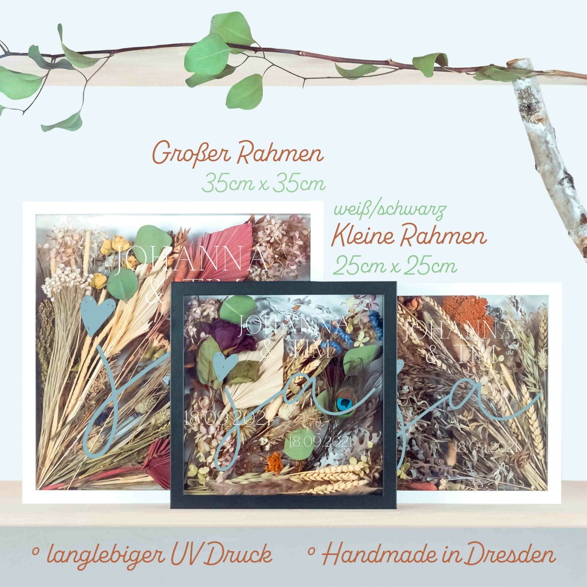 Größenvergleich Brautstraußrahmen „Ja“: 35 × 35 cm und 25 × 25 cm