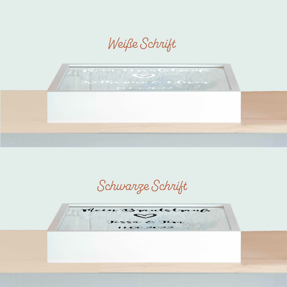Brautstraußrahmen schlicht liegend: weiße und schwarze Schrift im Vergleich