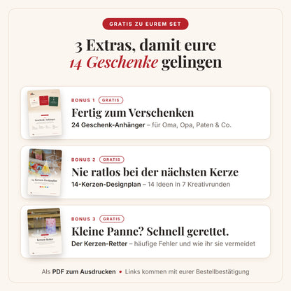 3 Gratis-Boni zum Kerzen-Gießset: 14-Kerzen-Designplan, Kerzen-Retter und 24 Geschenk-Anhänger als PDF