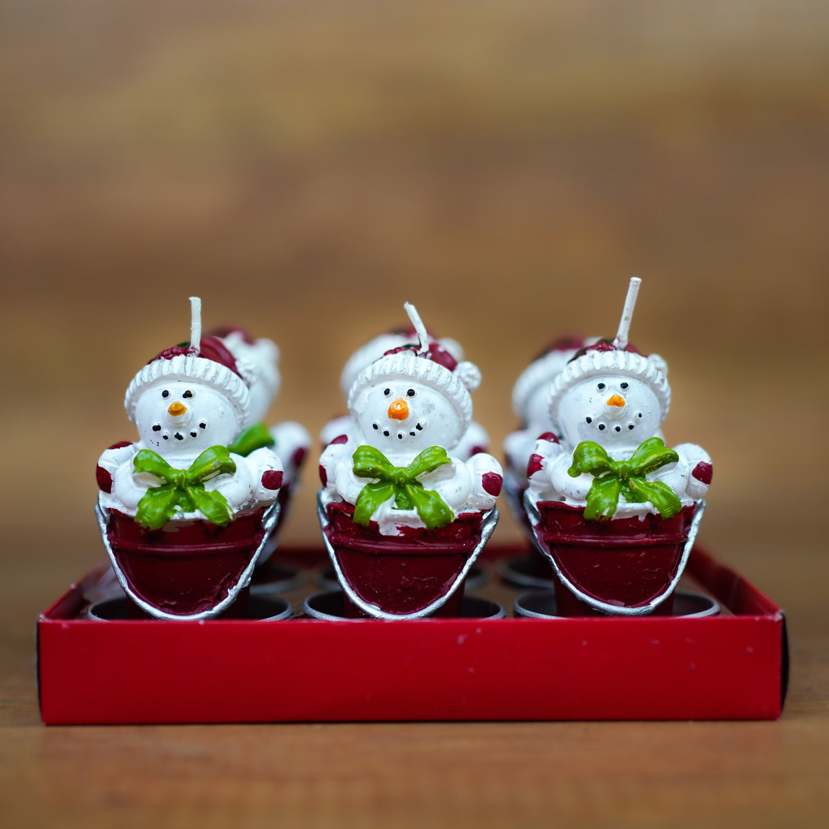Schneemann-Teelichter im Eimer, geschenkfertig im 6er Set