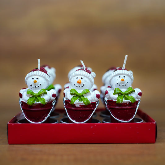 Schneemann-Teelichter im Eimer, geschenkfertig im 6er Set